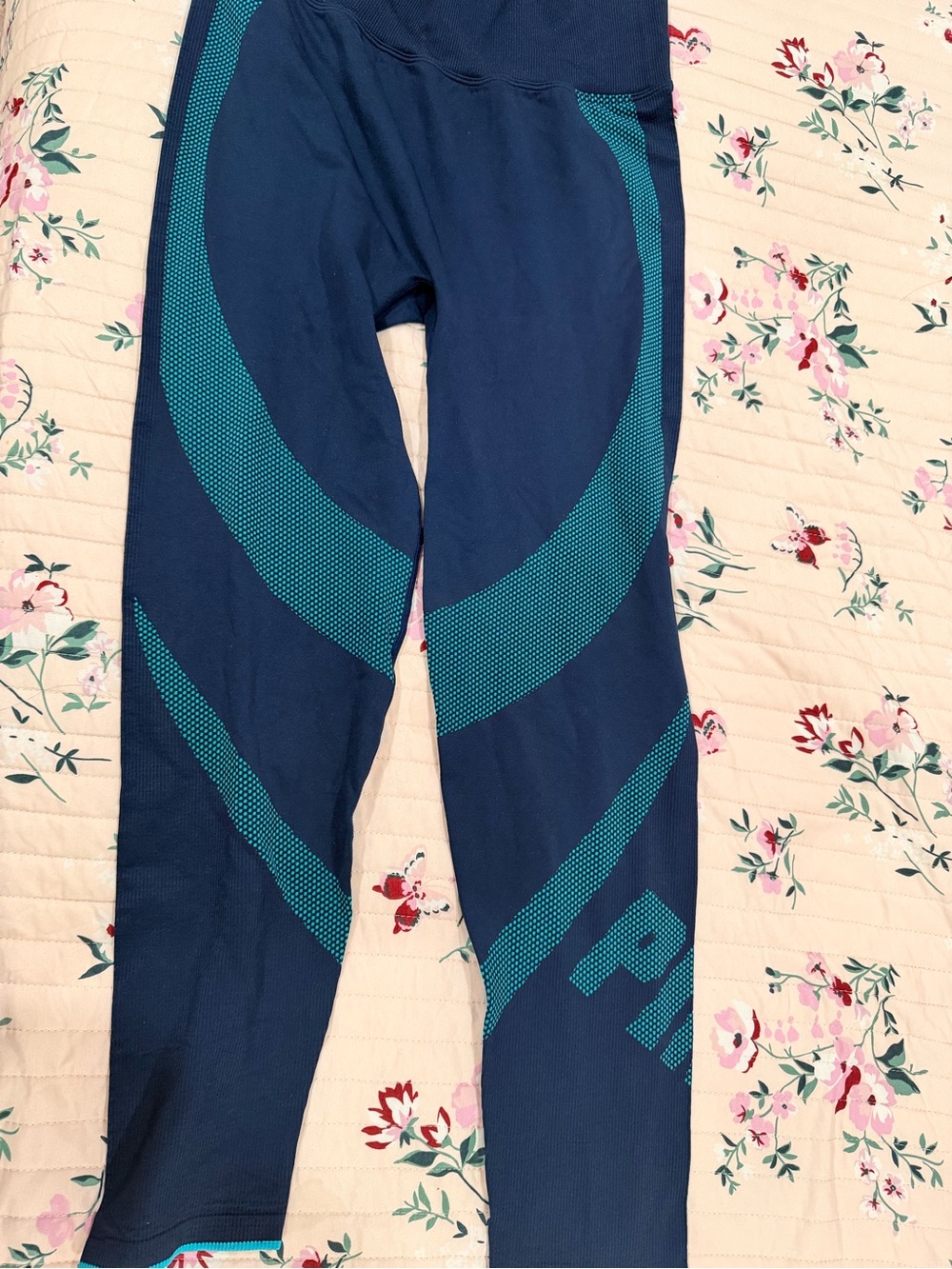 PINK Victoria's Secret Navy Blue Leggings with Teal Accents - Picture 1 of 4
